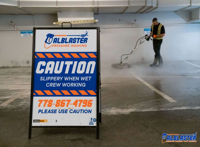 Technician is performing pressure washing service in an underground parking lot in front of Alblaster commercial board