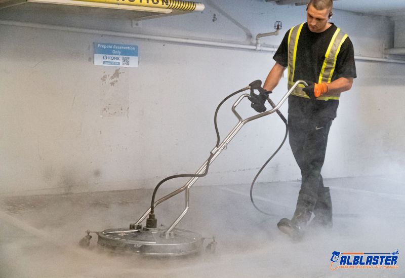 Technician is performing pressure washing service in an underground parking lot