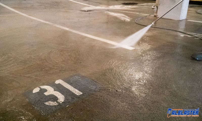 Technician is performing pressure washing service in an underground parking lot