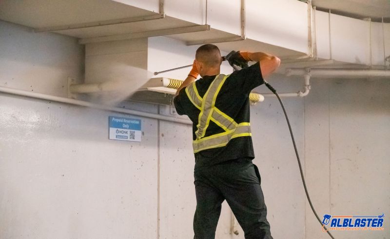 Technician is doing Easypark underground parking lot pressure washing.