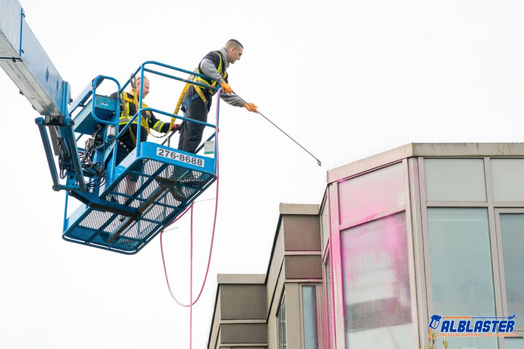 Technician is performing strata soft washing service.