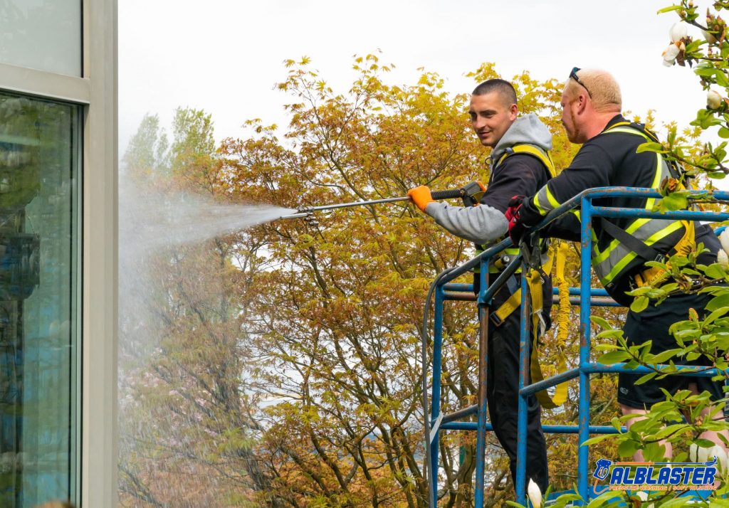 Technician is performing strata soft washing service.