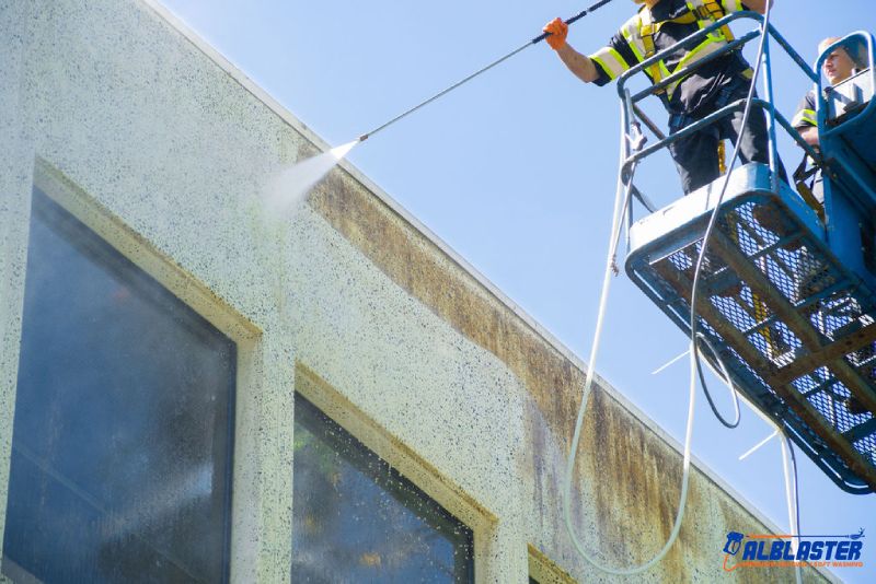 Soft washing from a ladder on a commercial building
