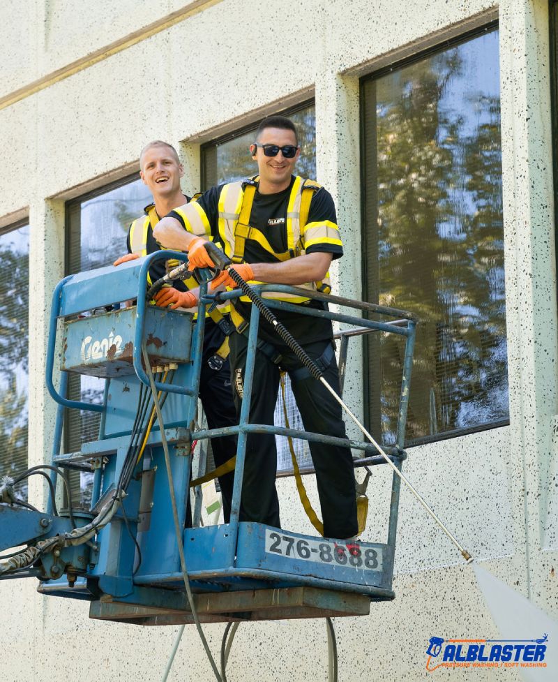 Pressure washing contractors on a ladder