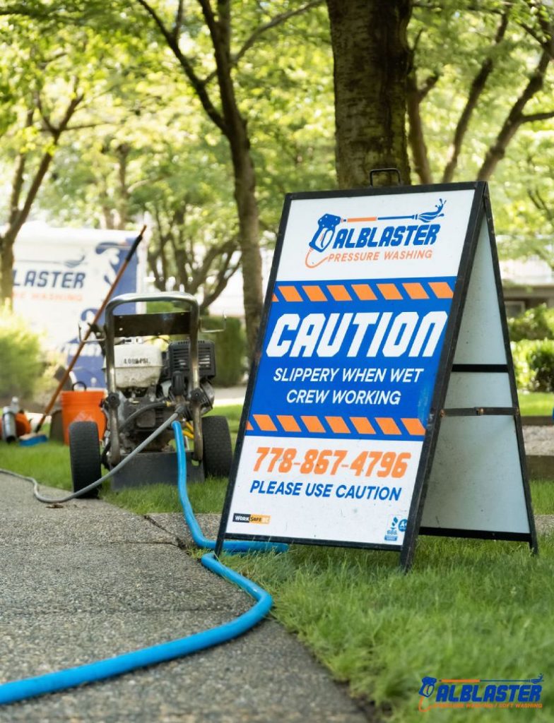 Alblaster pressure washing caution sign at the site
